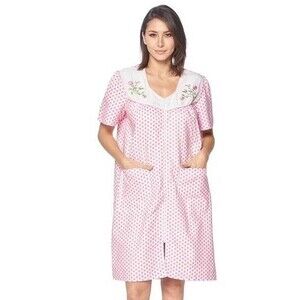 Casual Nights women's zipper front house dress short sleeve pockets seersucker L